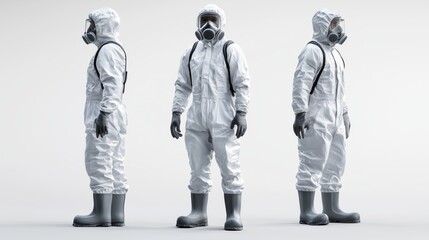 Three people in white protective clothing. One is wearing a gas mask. The other two are wearing gloves
