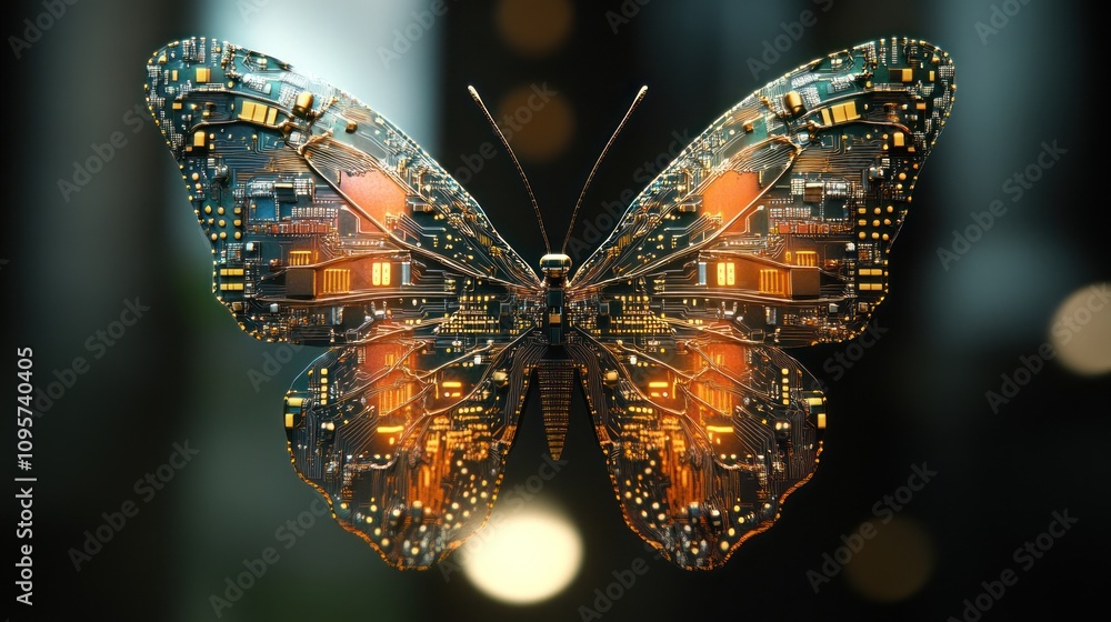 Poster a butterfly composed of intricate circuit patterns, blending nature and technology.