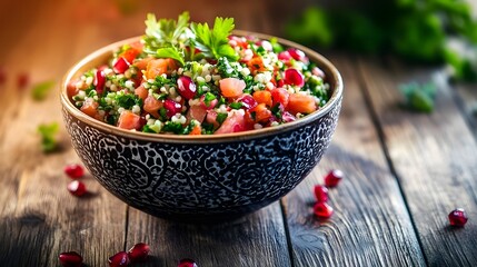Colorful bowl of tabbouleh salad with pomegranate.