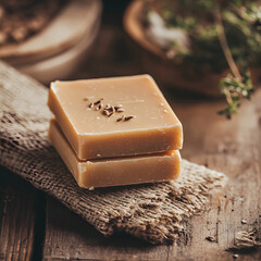 Handmade natural soap display rustic wooden background product photography cozy home environment aesthetic appeal