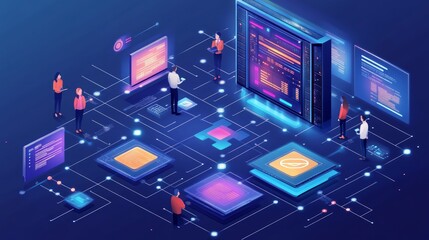 Isometric illustration of data center with programmers working on server.