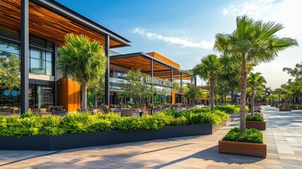 Modern shopping mall exterior with palm trees.