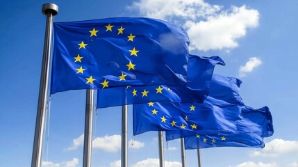 European union flags flying at dusk government building photography urban environment low angle view unity and diversity