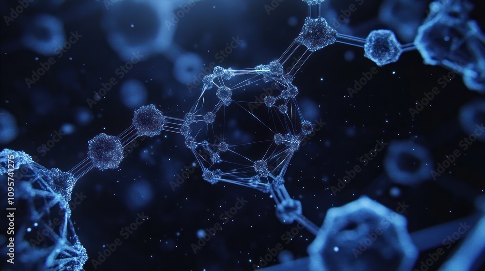 Poster A close-up view of molecular structures in a digital representation of scientific concepts.