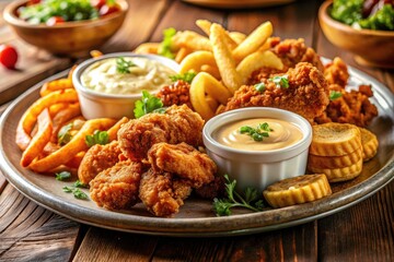 Delicious Plate of Fried Food with Creamy Sauce - Mouthwatering Culinary Delight, Tilt-Shift Photography of Crispy Treats, Gourmet Cuisine, Appetizing Meals, Food Photography