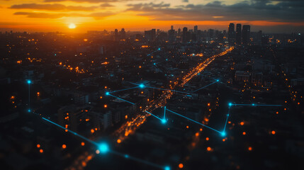 Naklejka premium Smart digital city with connection Innovation network reciprocity over the sunset cityscape Concept of future wireless digital city and social media networking systems that connects business people