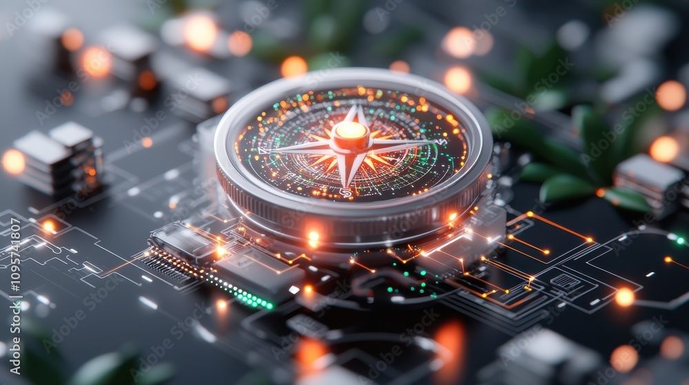 Poster futuristic compass on circuit board with neon lights and greenery blending technology and nature in 