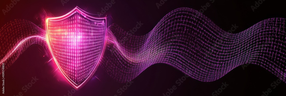 Poster A digital shield symbolizing cybersecurity with vibrant, flowing data patterns.