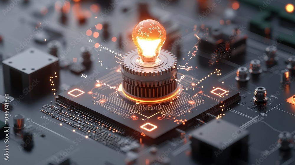 Poster futuristic technology concept featuring a light bulb and circuit board with glowing elements represe