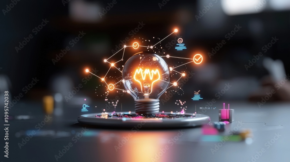 Poster illuminated light bulb surrounded by colorful data points and symbols representing innovation, ideas