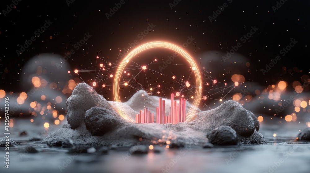 Poster abstract digital landscape featuring glowing data visualizations and bright orbs surrounded by a cos