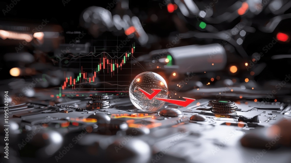 Poster abstract composition of technology and finance elements featuring a transparent sphere, circuit patt