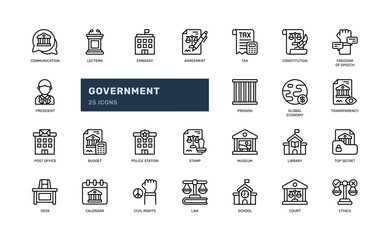 Government democracy official nation office duty outline line icon set