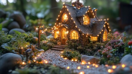 Fototapeta premium A charming miniature cottage adorned with fairy lights in a lush garden setting.