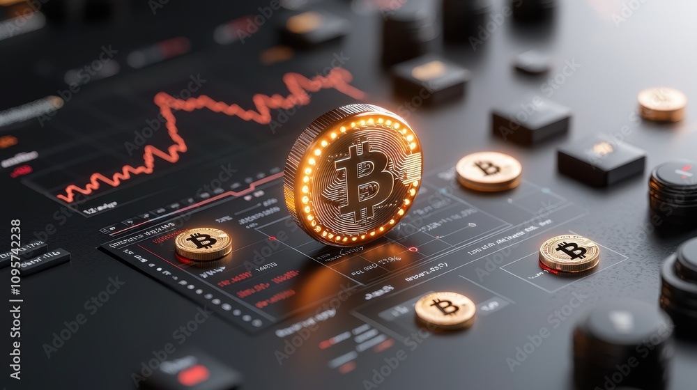 Poster digital representation of bitcoin on trading platform with graph indicators and golden coins highlig