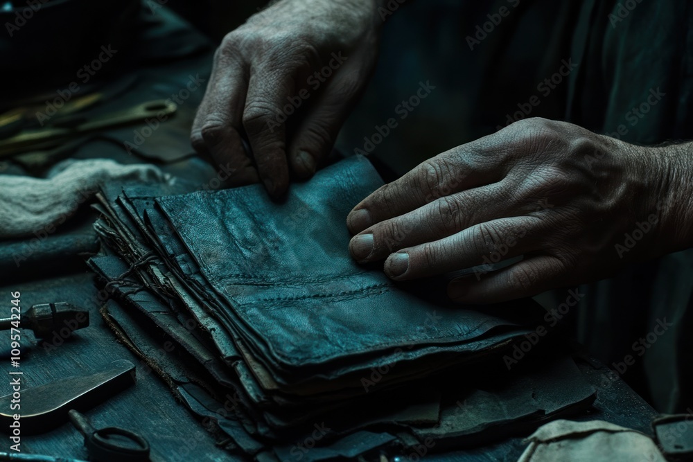 Poster a pair of hands carefully handling a stack of dark, worn leather sheets on a table.