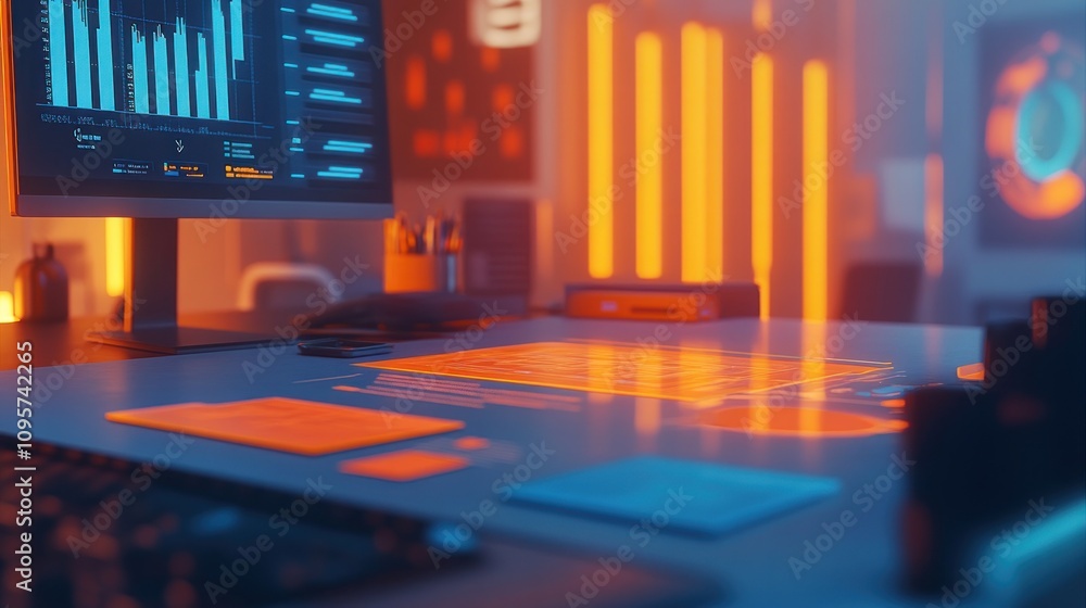 Poster A modern workspace featuring digital screens and illuminated surfaces for data analysis.