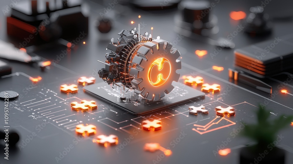 Poster futuristic gear with electronics and puzzle pieces against a dark background, representing innovatio