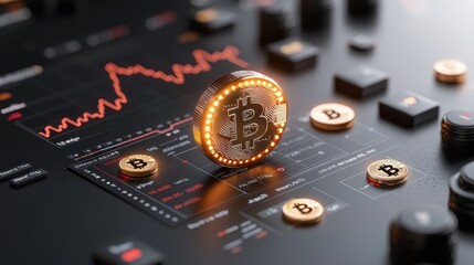 Digital Representation of Bitcoin on Trading Platform with Graph Indicators and Golden Coins Highlighting Cryptocurrency Investment Trends