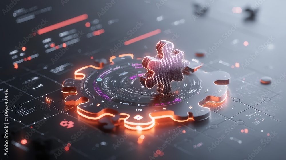 Poster futuristic gear and puzzle piece on digital interface representing problem solving, innovation, tech