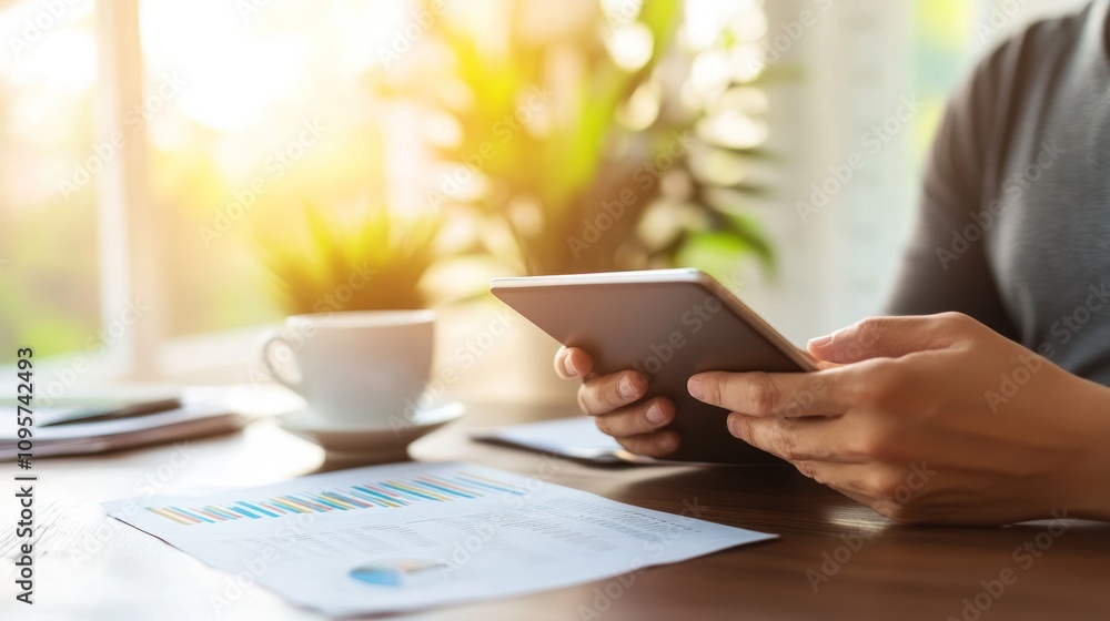 Poster a person using a tablet while sitting at a desk with a cup and documents in a bright setting.