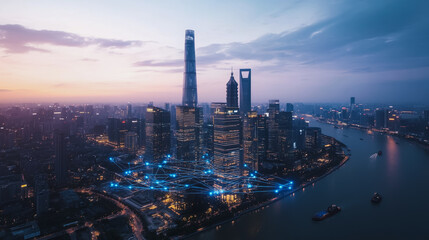 Naklejka premium Smart digital city with connection Innovation network reciprocity over the sunset cityscape Concept of future wireless digital city and social media networking systems that connects business people