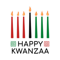 Happy Kwanzaa holiday. Vector square poster illustration of African kinara Kwanzaa symbol and text. Seven candles in candle holder with traditional ornament
