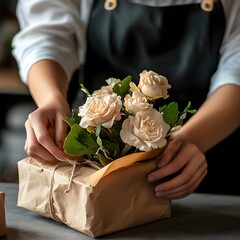 Young female employee wrapping floral gifts for online shop cozy workspace lifestyle image creative perspective handcrafted aesthetics