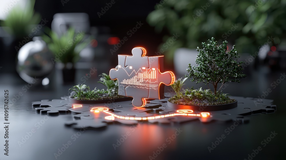 Poster conceptual illustration of a glowing puzzle piece symbolizing growth and integration in business, su