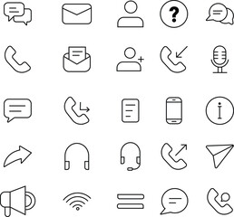 Communication icon set. Technical support line icon set. Set of contact and support thin line icons. Contains icons as phone call, customer, 24 hrs, email, faq and more
