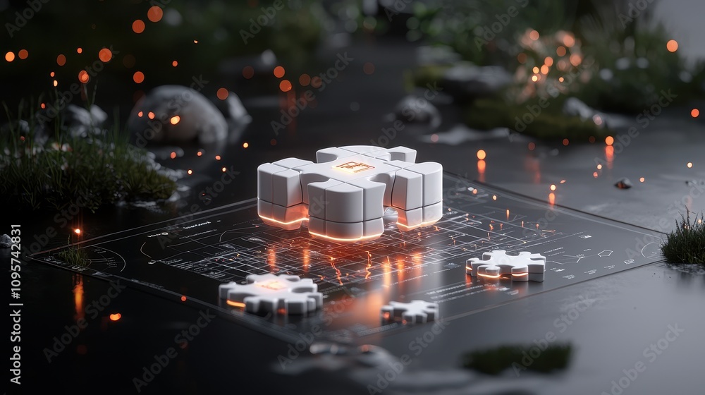 Poster futuristic puzzle pieces on tech blueprint surrounded by nature elements and glowing effects, symbol