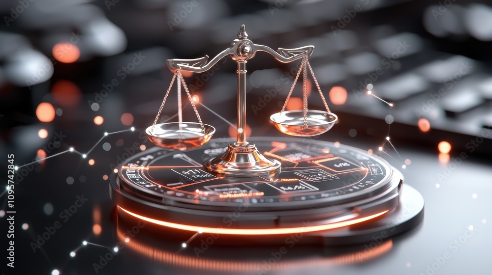 Poster balancing justice and technology: a symbolic representation of law and order in a modern digital lan