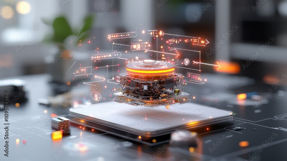 Aufkleber futuristic technology concept with holographic data display over circuit board in modern workspace s