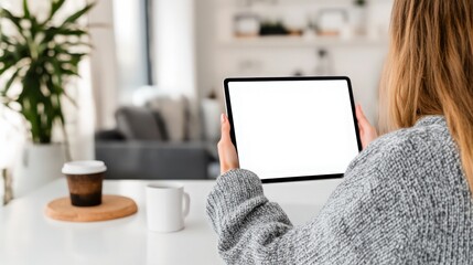 A woman is holding a tablet with a white screen