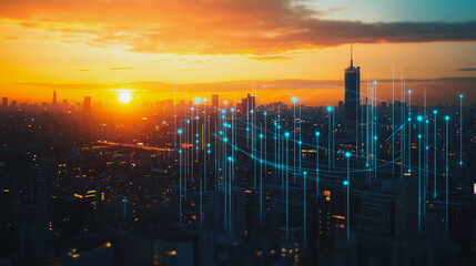 Smart digital city with connection Innovation network reciprocity over the sunset cityscape Concept of future wireless digital city and social media networking systems that connects business people