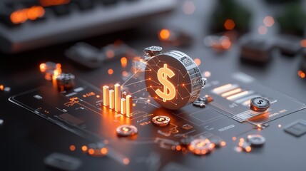 Fototapeta premium Digital Finance Concept with Coin and Graphs Representing Growth in Earnings, Investment, and Market Trends, Set Against a Futuristic Background of Technology and Business