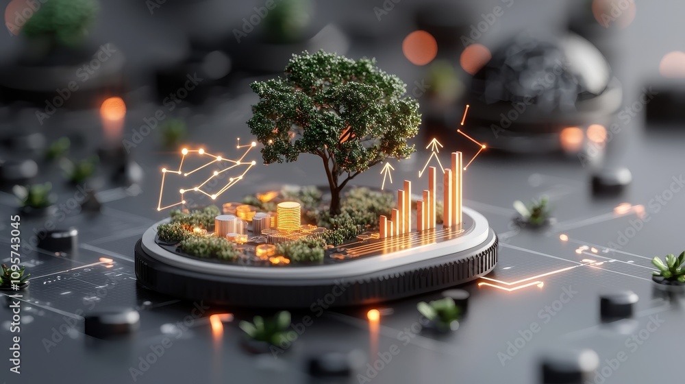 Poster innovative visualization of sustainability and growth with a tree model surrounded by data elements 