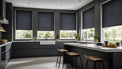 Modern kitchen with dark window shades, stylish design, functional layout, bright atmosphere, copy space
