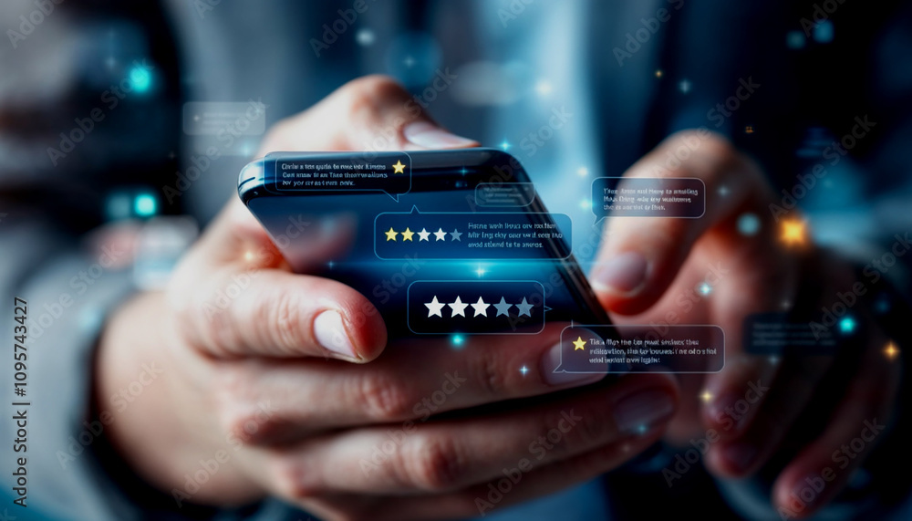 Poster person using a smartphone with a five-star rating system and user reviews overlay, symbolizing onlin
