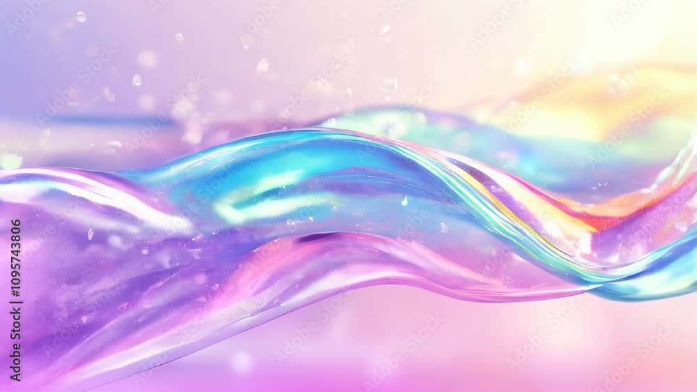 Poster ethereal, iridescent waves with bubbles and sparkles, creating a dreamy and magical visual in pastel