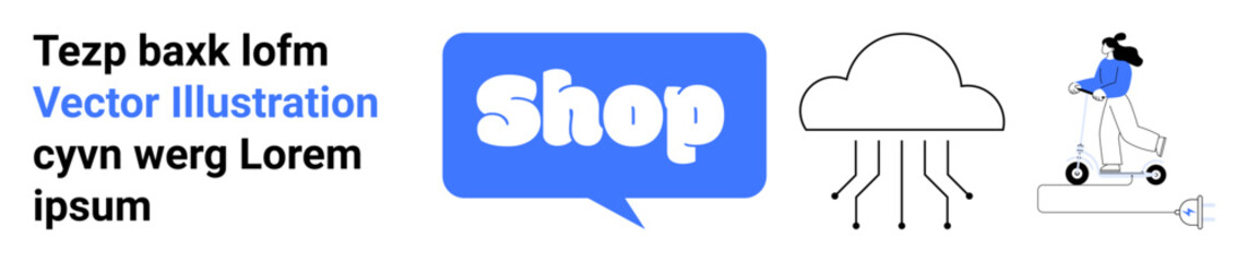 Shop text in a blue speech bubble with abstract cloud, electricity flow, and a person on an electric scooter. Ideal for e-commerce, technology, online shopping, cloud services, mobility. Banner