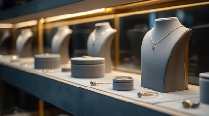 Minimalist jewelry on a highend display shelf
