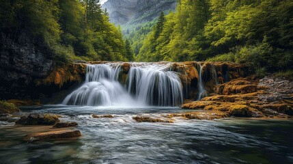 Beautiful view of flowing mountain waterfall