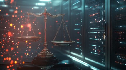 Legal scales balancing justice and technology in a modern server room digital art futuristic environment close-up viewpoint