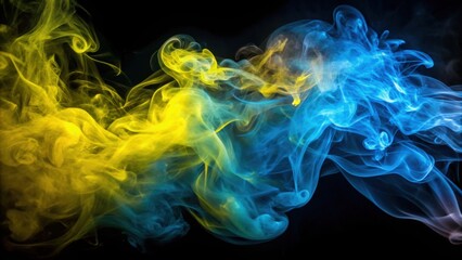 Yellow-blue smoke swirling in neon light against black background, neon, smoke, abstract, colorful, vibrant, glow, illuminated