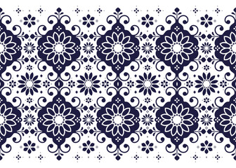 geometric ethnic fabric seamless pattern, blue and white style, design for cloth, carpet, batik, wallpaper, wrapping etc.