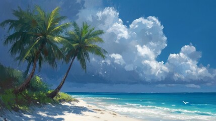 Fototapeta premium Tropical beach scene with palm trees coastal setting digital artwork sunny environment seaside view tranquility concept