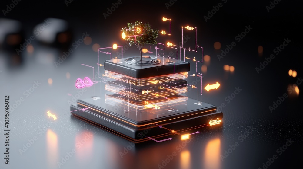 Poster futuristic digital ecosystem with abstract layers, glowing circuits, and a miniature tree representi