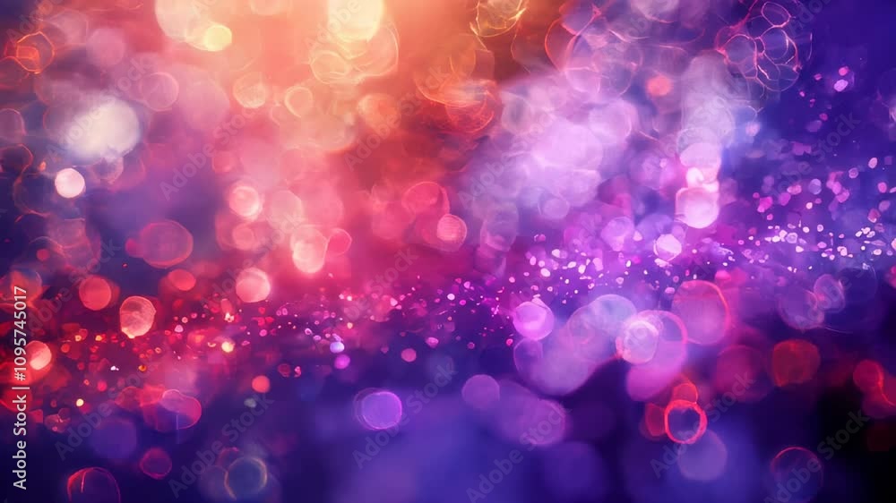 Poster an abstract display of colorful bokeh lights with a soft purple background, creating a dreamy, festi