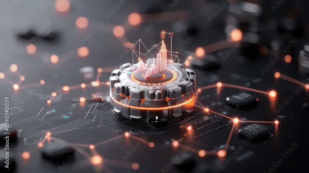 Poster futuristic digital technology concept with graph and circuitry illustration on a dark background for